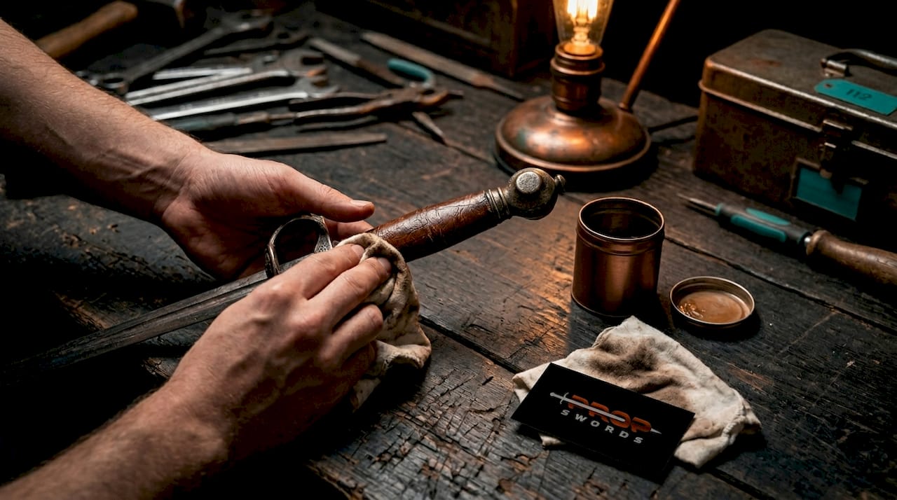 Hands conditioning antique sword leather grip