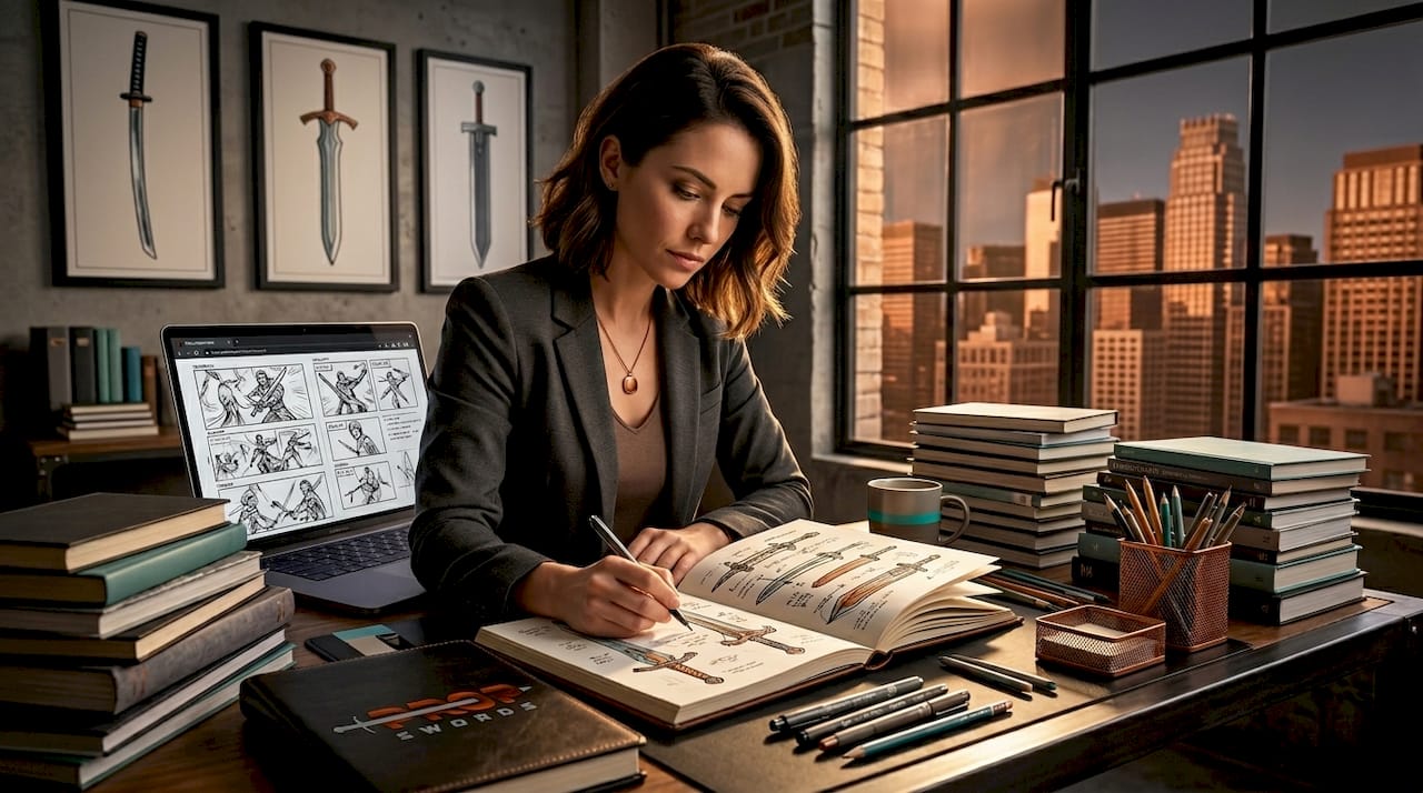 Media analyst sketching swords in home office