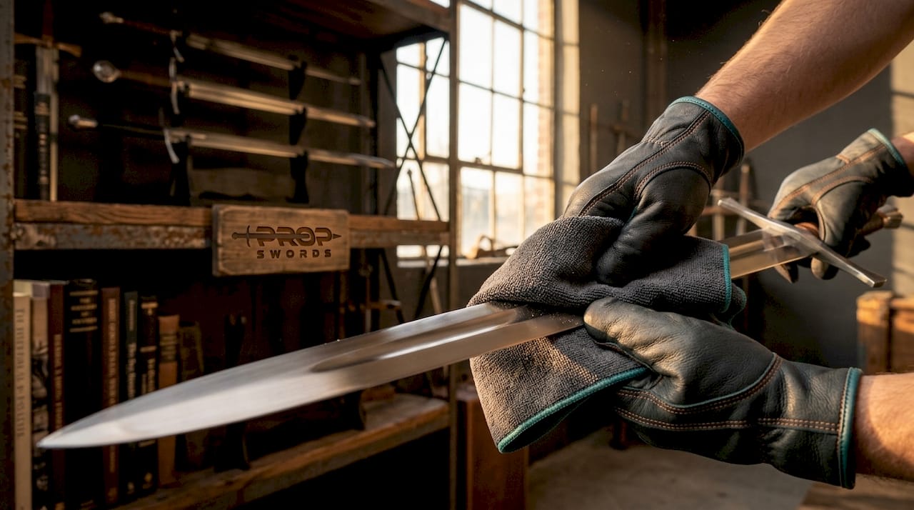 Microfiber cloth cleaning sword blade gently