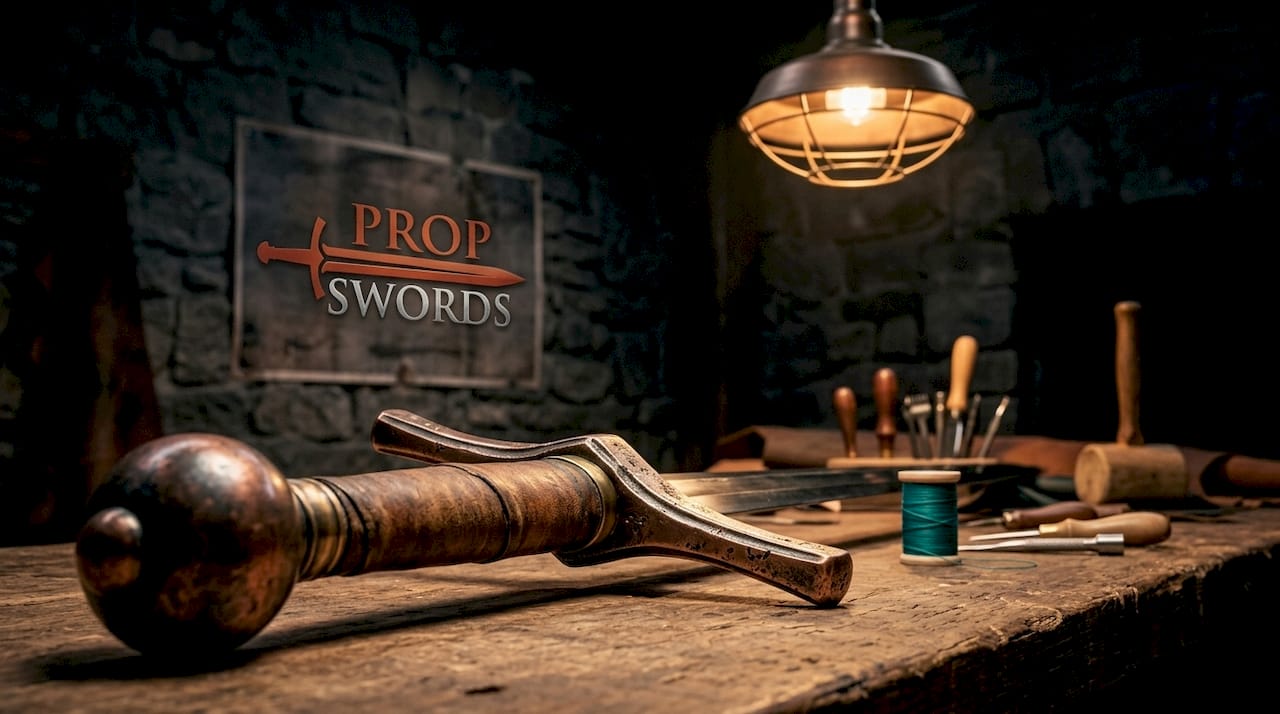Detailed photo of sword hilt components on workbench