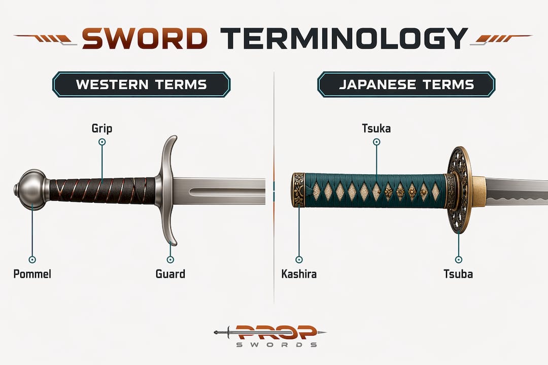 Infographic comparing western and Japanese sword terminology