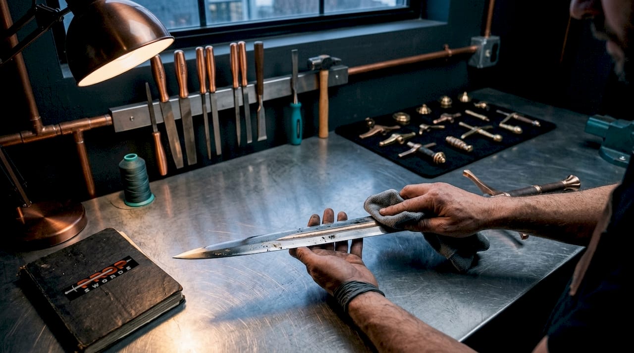 Hands cleaning prop sword blade gently