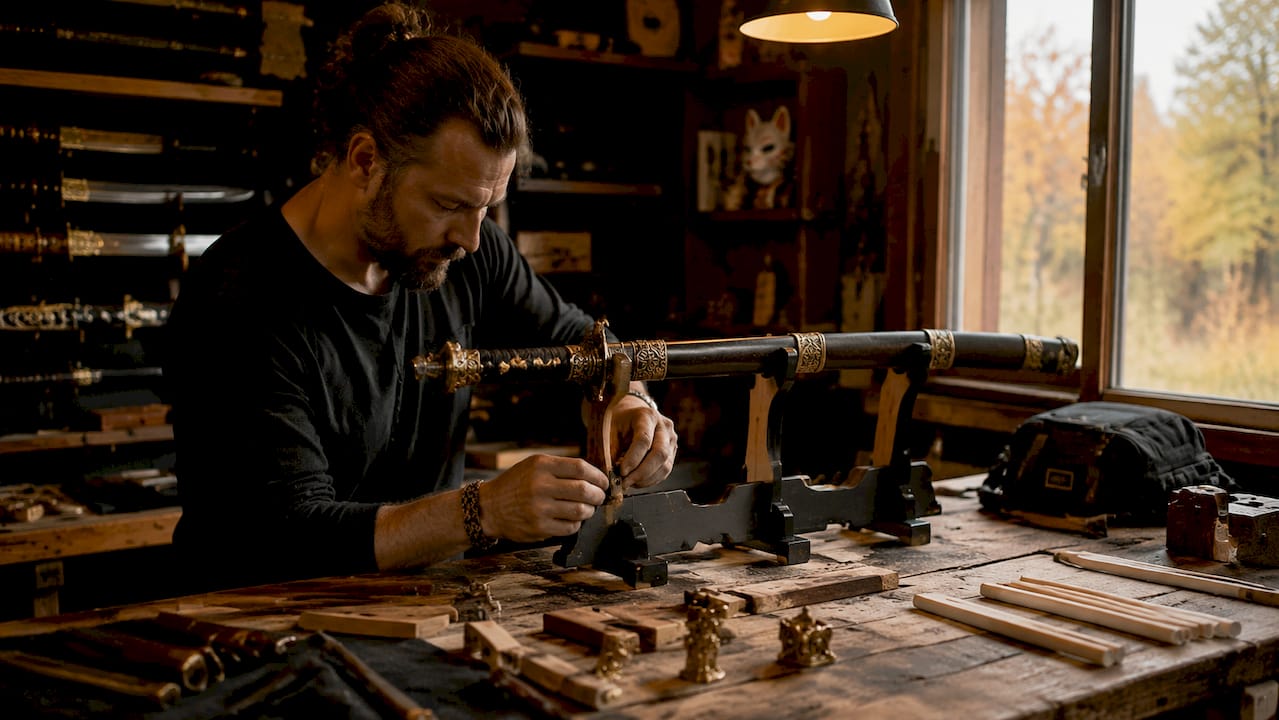 Hands assembling sword display stand in workshop