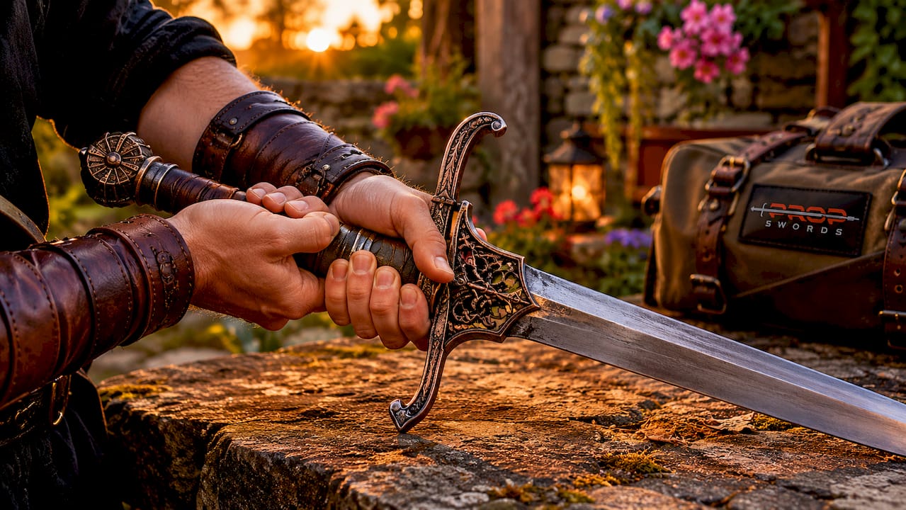 Close-up of hands holding historic sword correctly