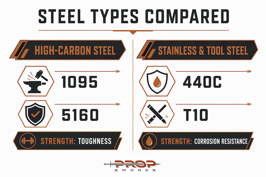 Infographic comparing high-carbon and stainless/tool steel types