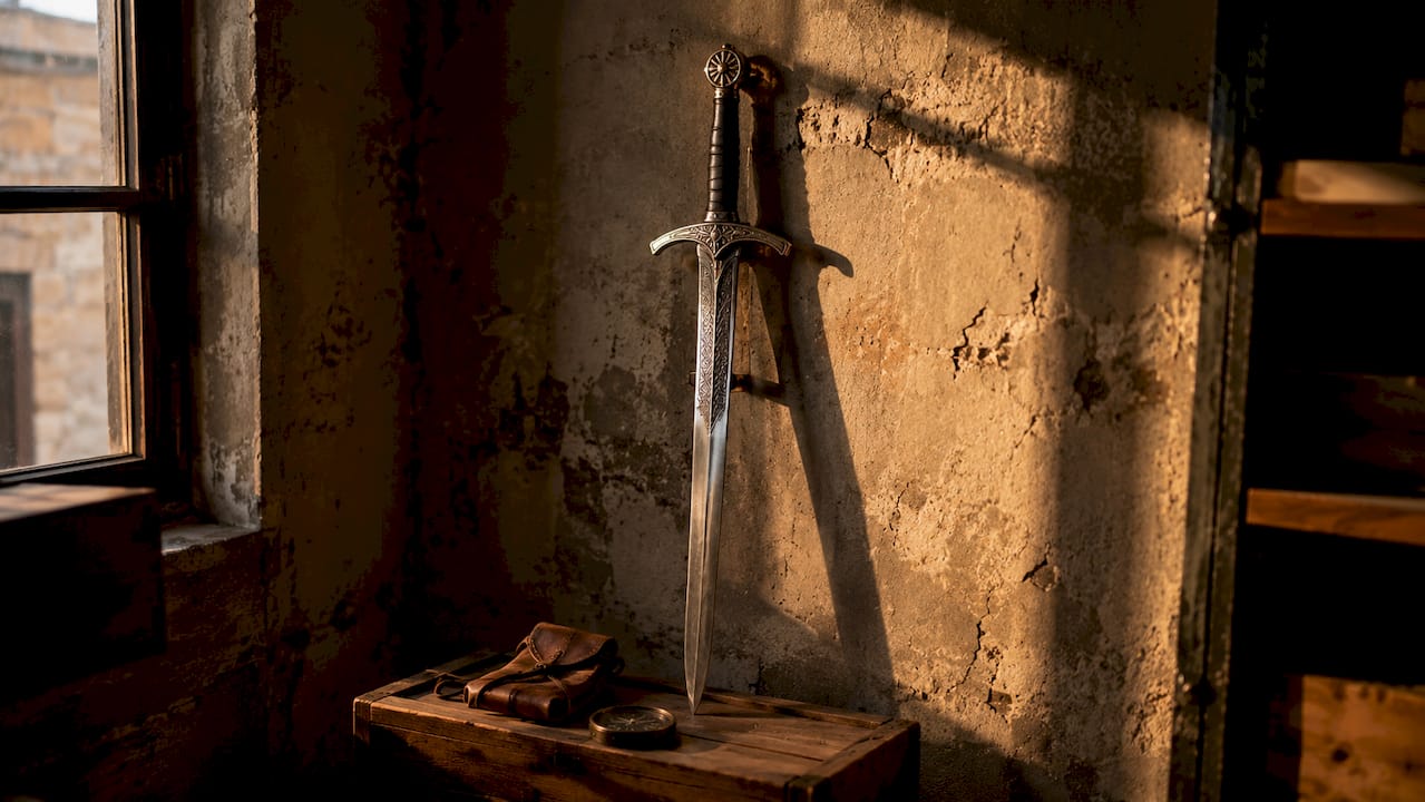 Replica sword under artistic spotlight