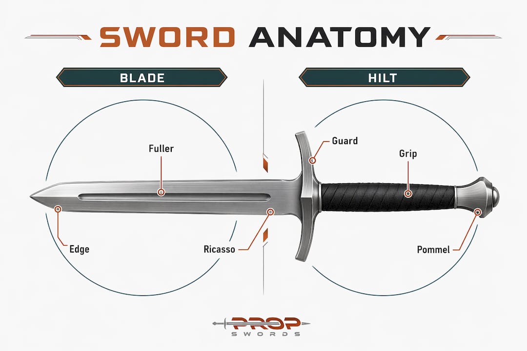 Infographic comparing sword blade and hilt parts