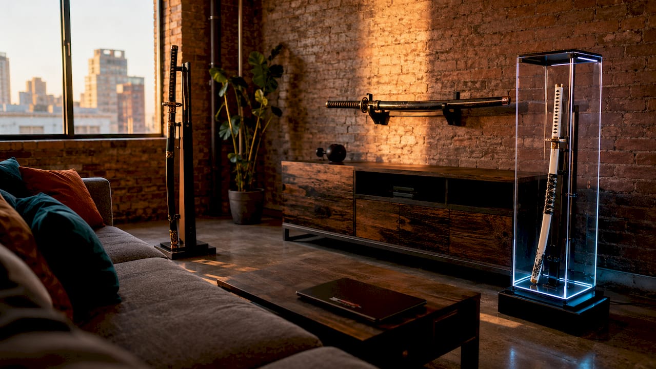 Three diverse anime sword display styles in room