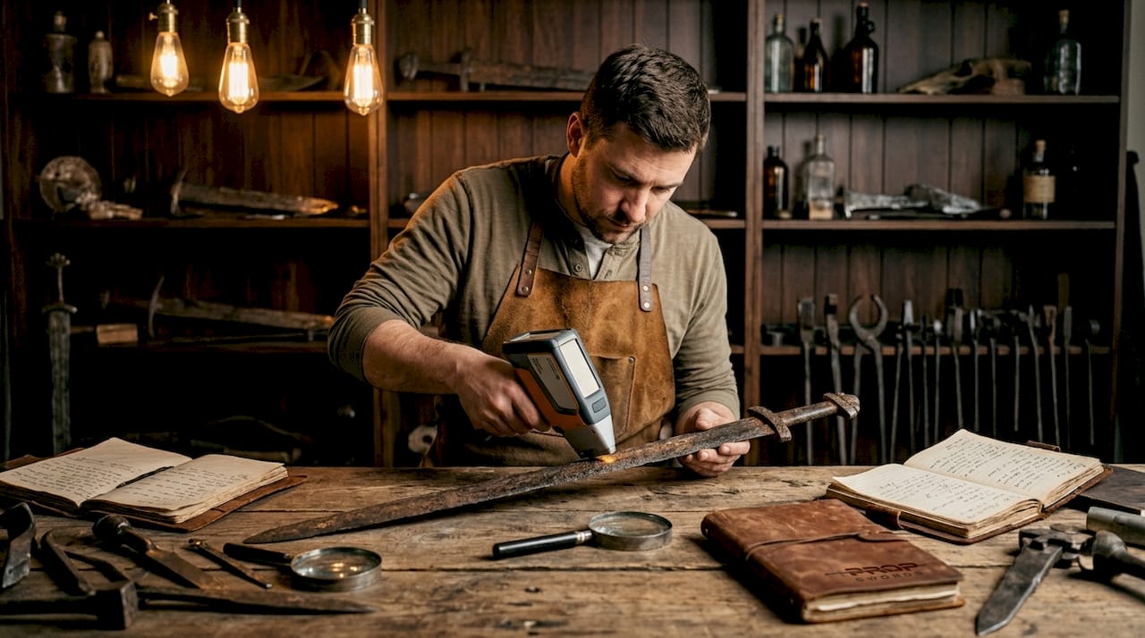 Scientist analyzing Viking sword in lab