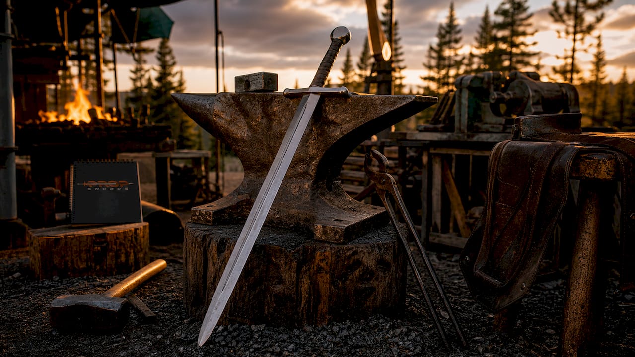 Sword blade with forging tools on wooden bench