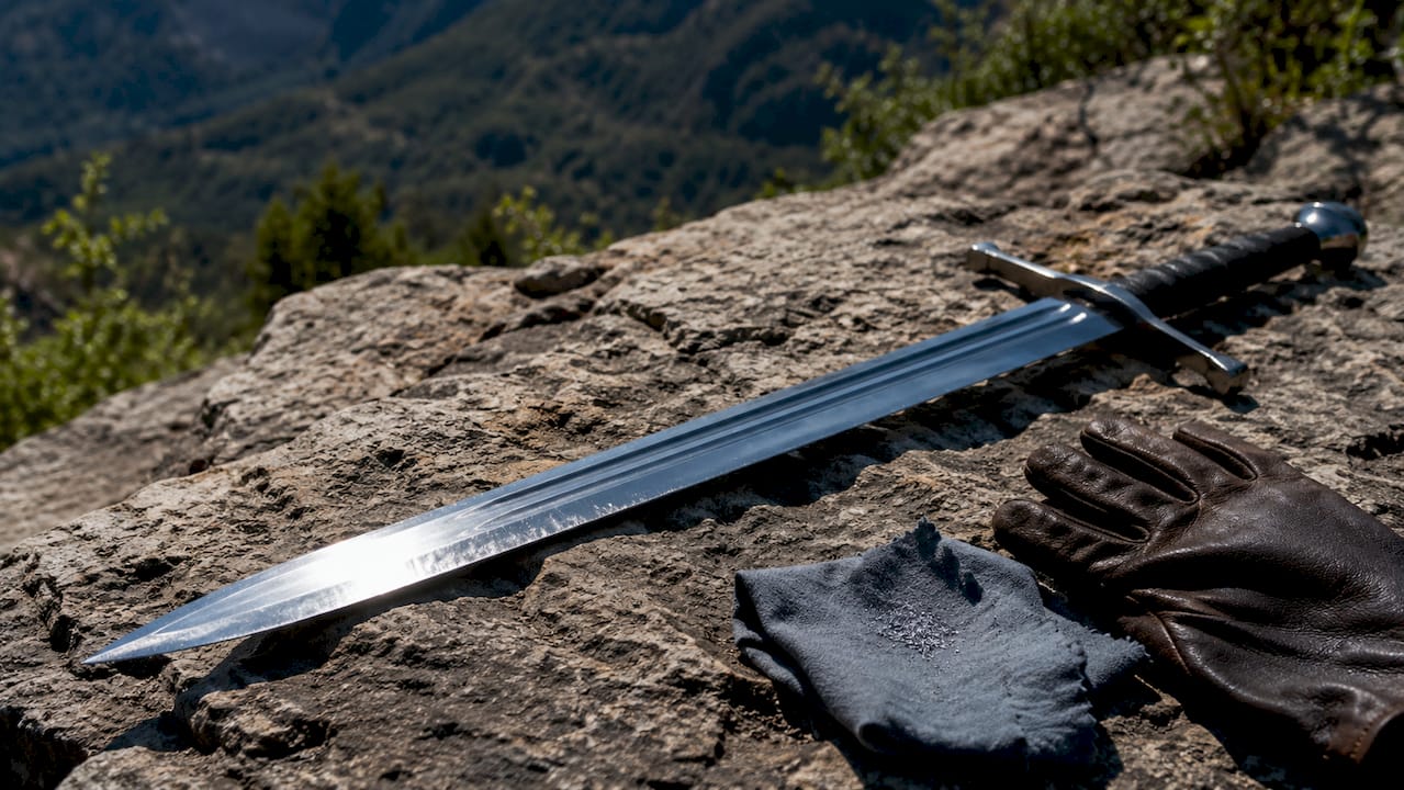 Close-up of carbon steel replica sword blade