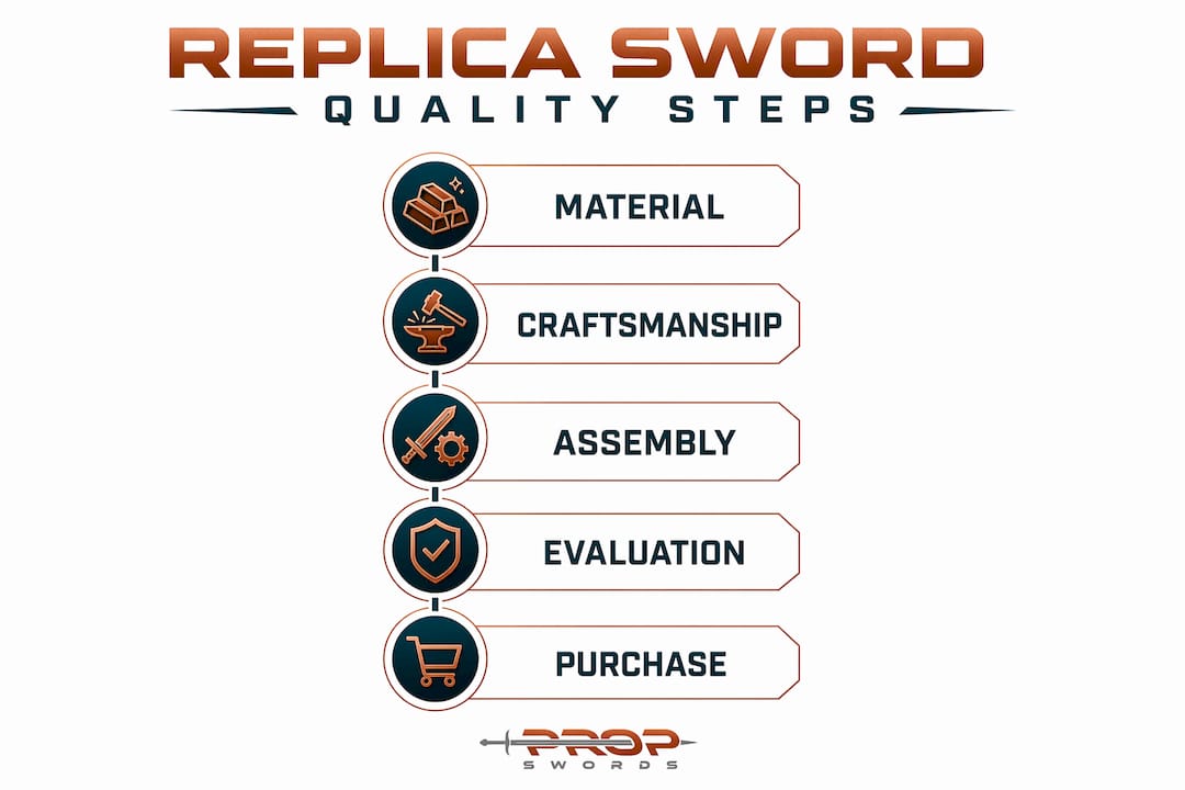 Infographic showing steps to evaluate replica sword quality