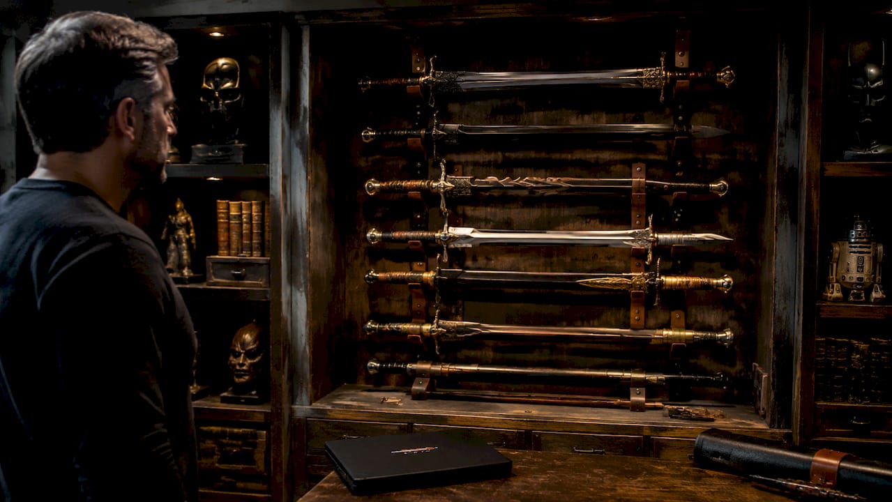 Top-down view of thematic movie sword storage