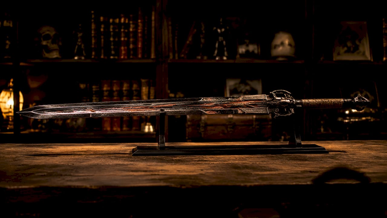 Close-up warm-white lit fantasy sword blade