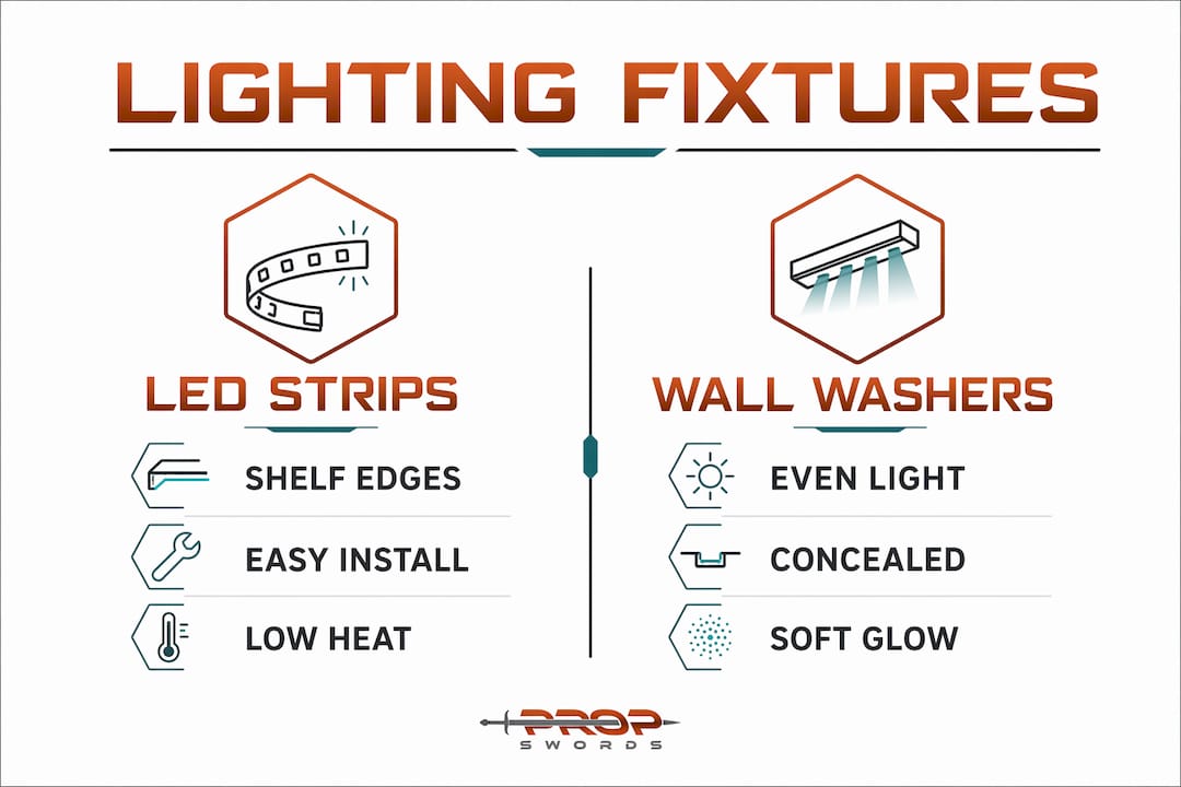 Infographic comparing LED strips and wall washer lighting fixtures for swords
