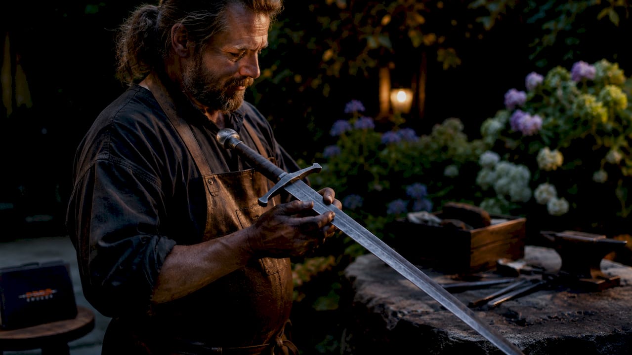Blacksmith crafting iron sword indoors