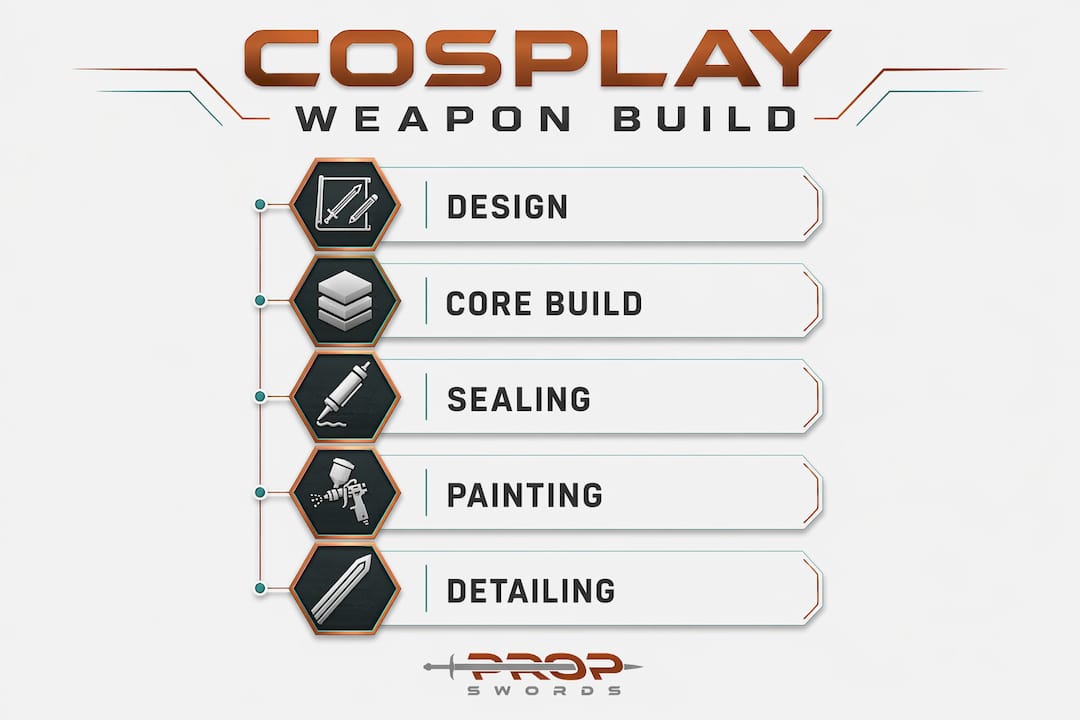 Infographic showing cosplay weapon build phases step-by-step