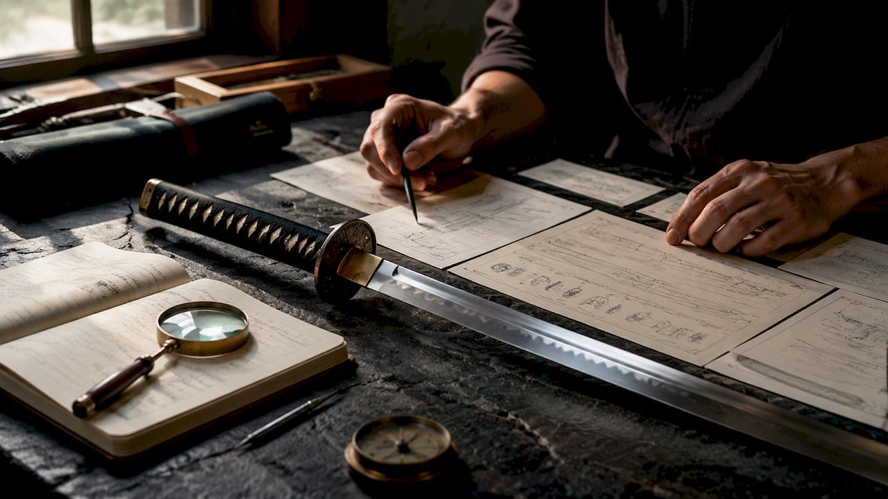 Close-up of hands pointing at Japanese sword parts