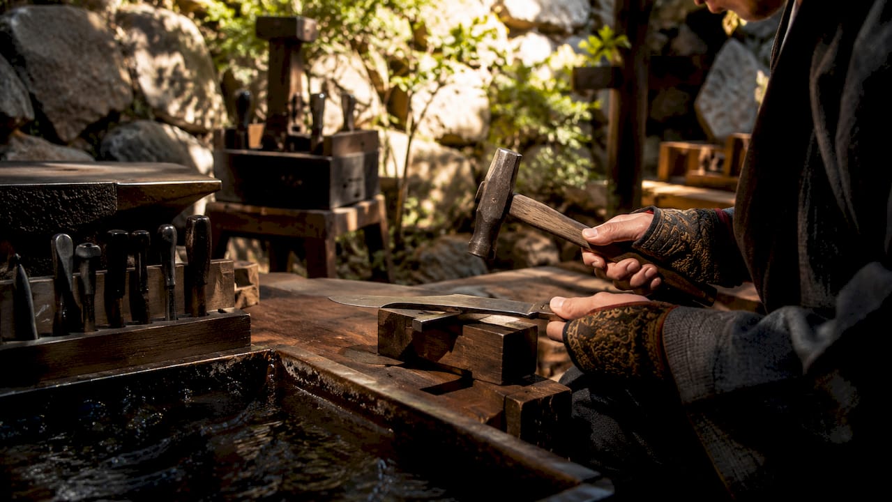 Swordsmith shaping katana blade in forge