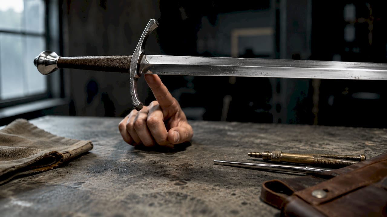 Hand balancing sword at point of balance on finger