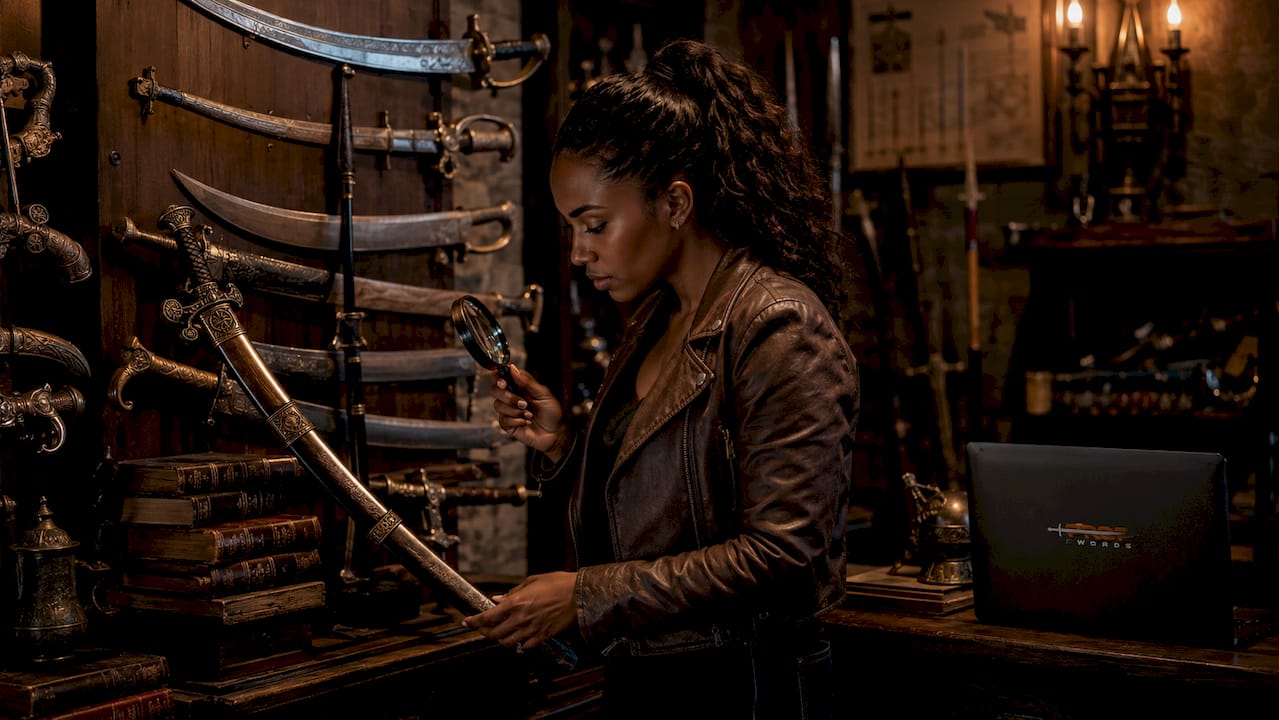 Woman photographing historical sword collection