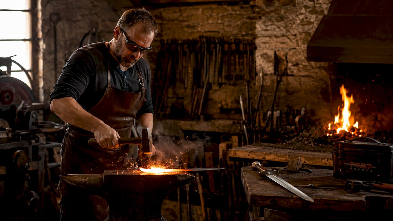 Swordsmith forging a glowing blade in traditional workshop