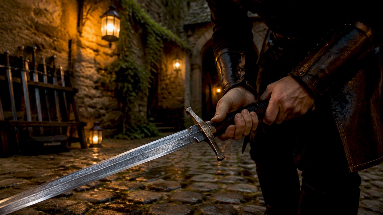 Close-up of hands holding real sword handle