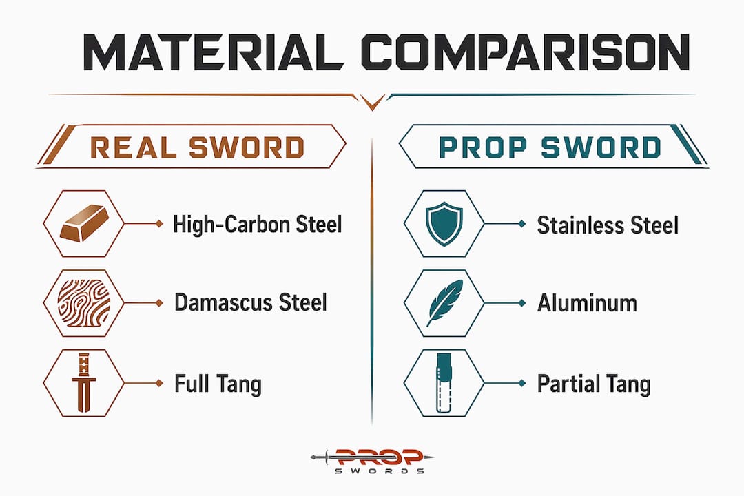 Infographic comparing materials of real and prop swords