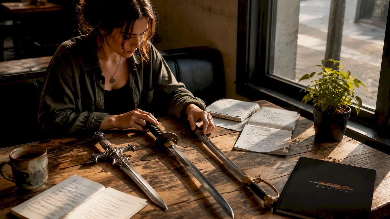 Woman comparing different sword types for gifting