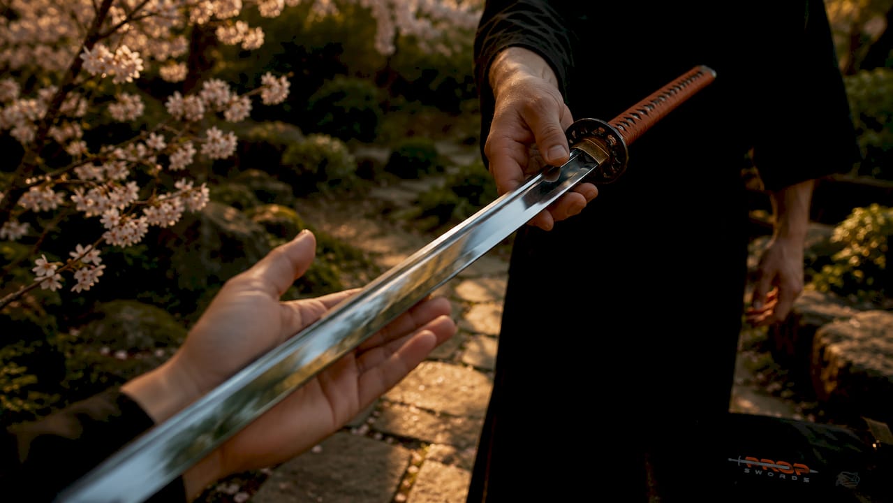 Close-up of hands passing katana handle first respectfully