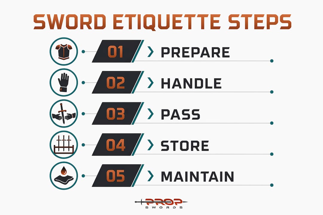Infographic illustrating steps of sword etiquette process