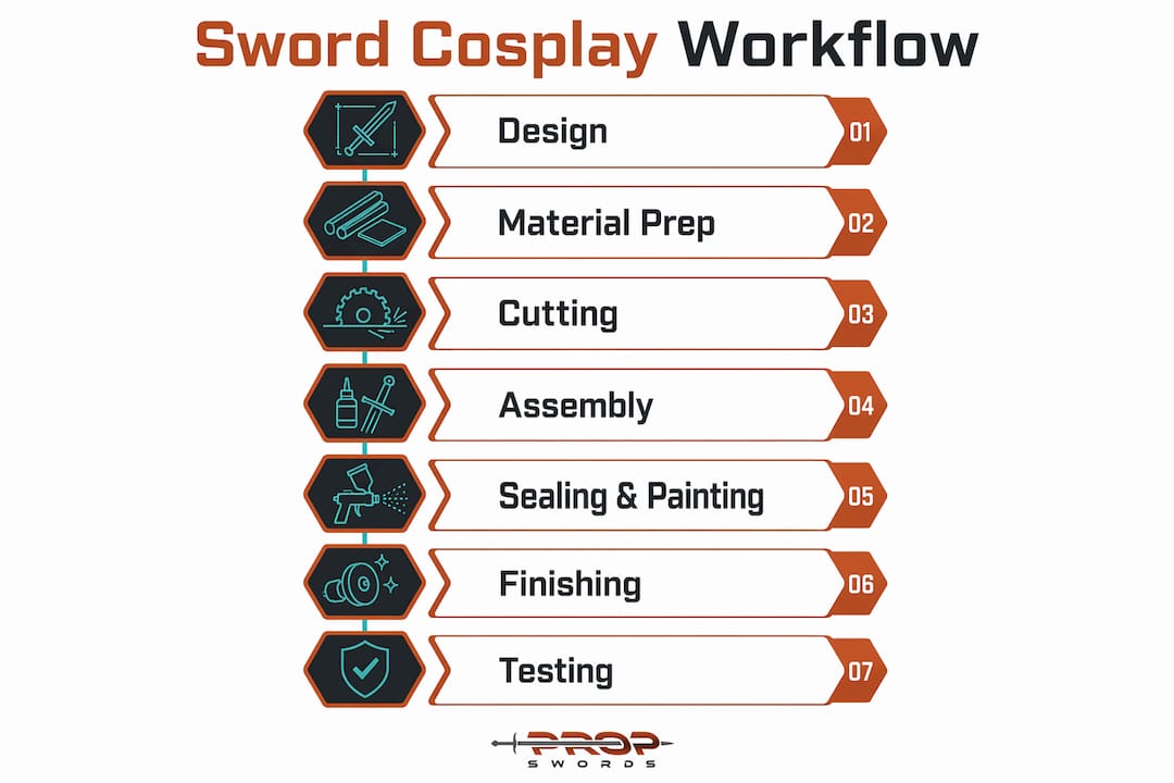 Infographic displaying sword cosplay armor workflow steps