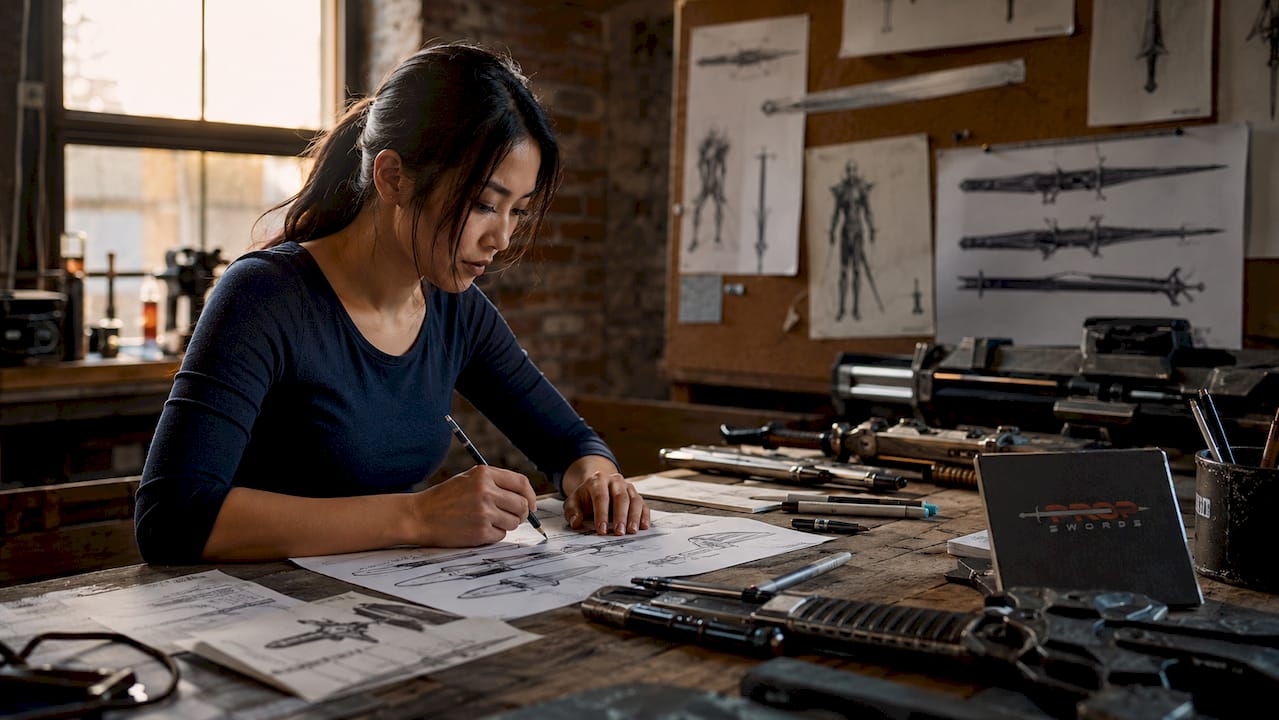 Concept artist sketching futuristic movie weapon design