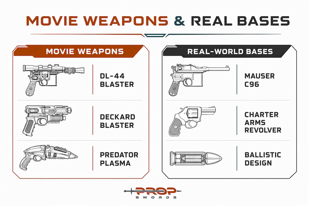 Infographic comparing movie weapons and their real-world bases