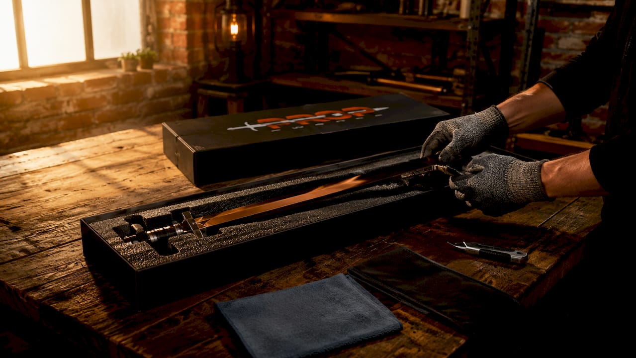 Close-up hands removing sword packaging foam