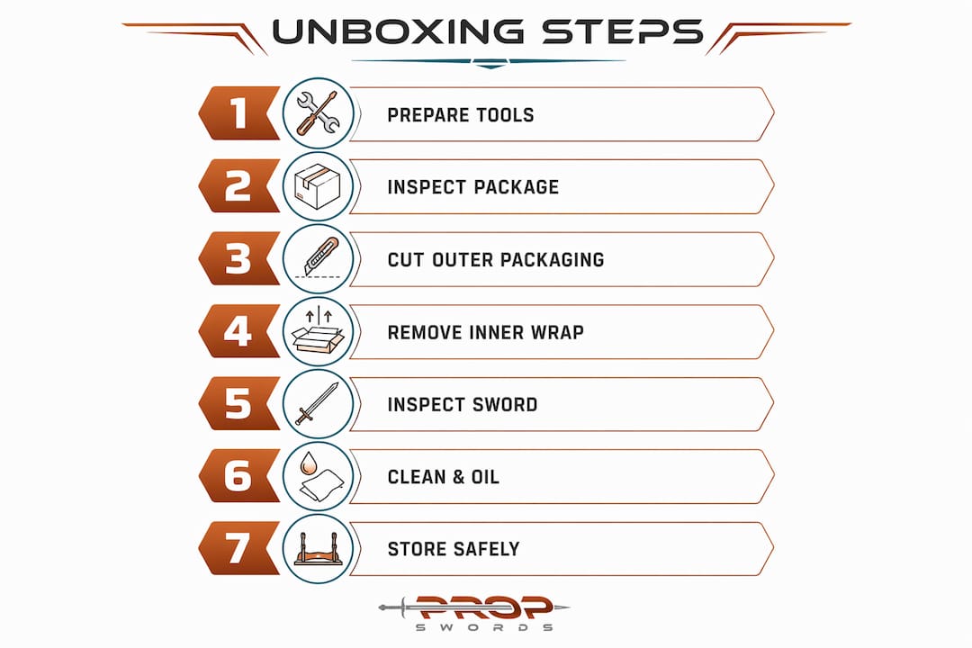 Infographic showing safe replica sword unboxing steps