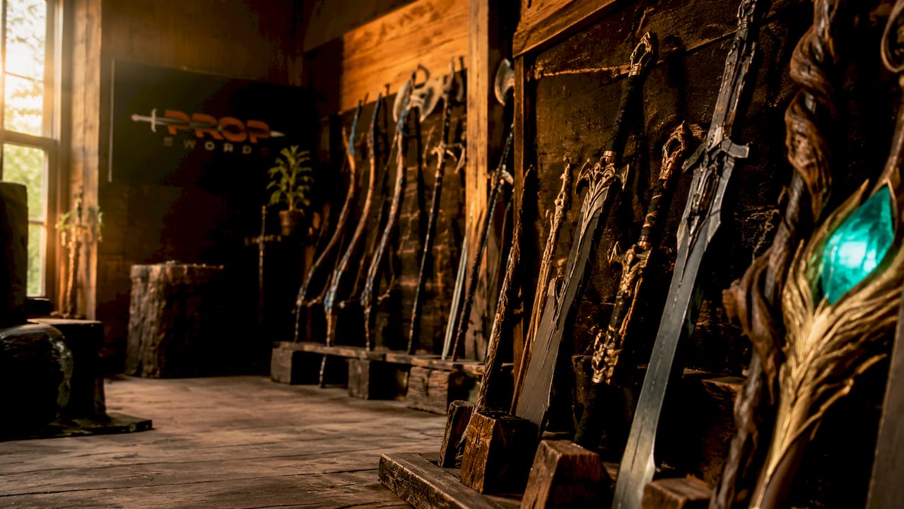 Display of diverse fantasy weapons in gallery