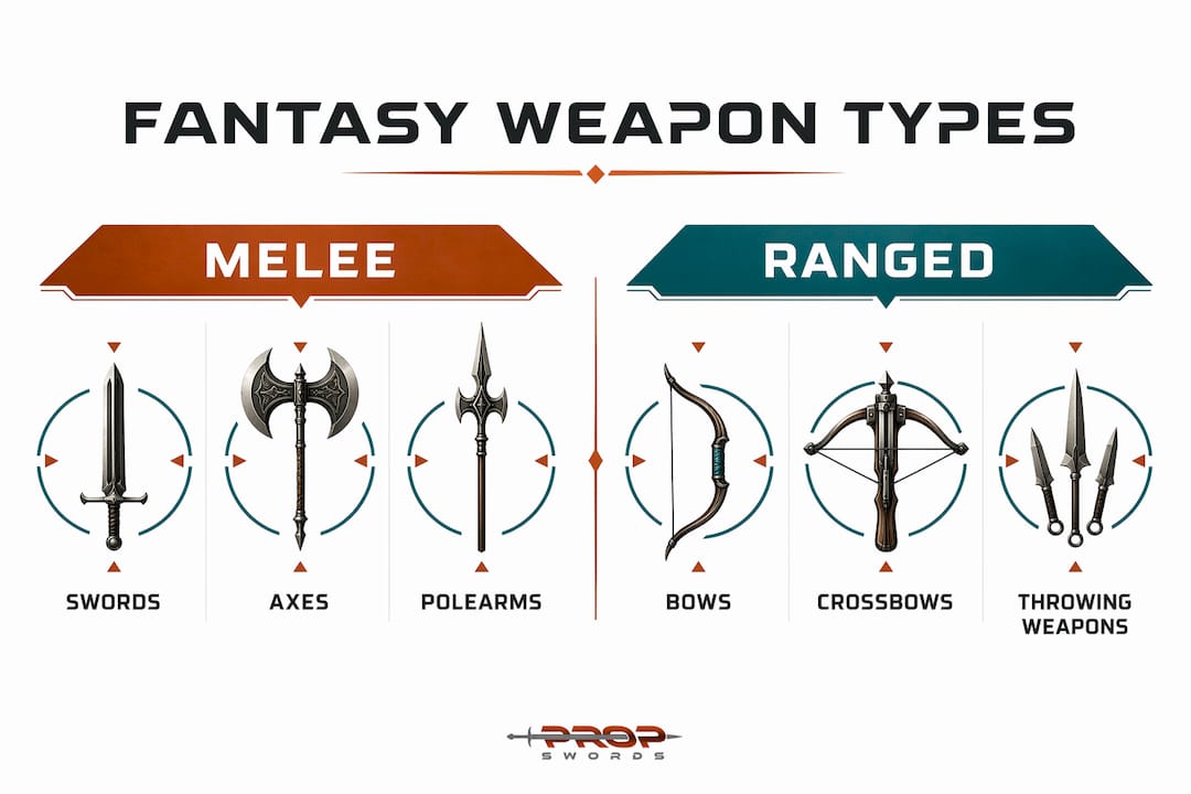 Infographic comparing melee and ranged fantasy weapons