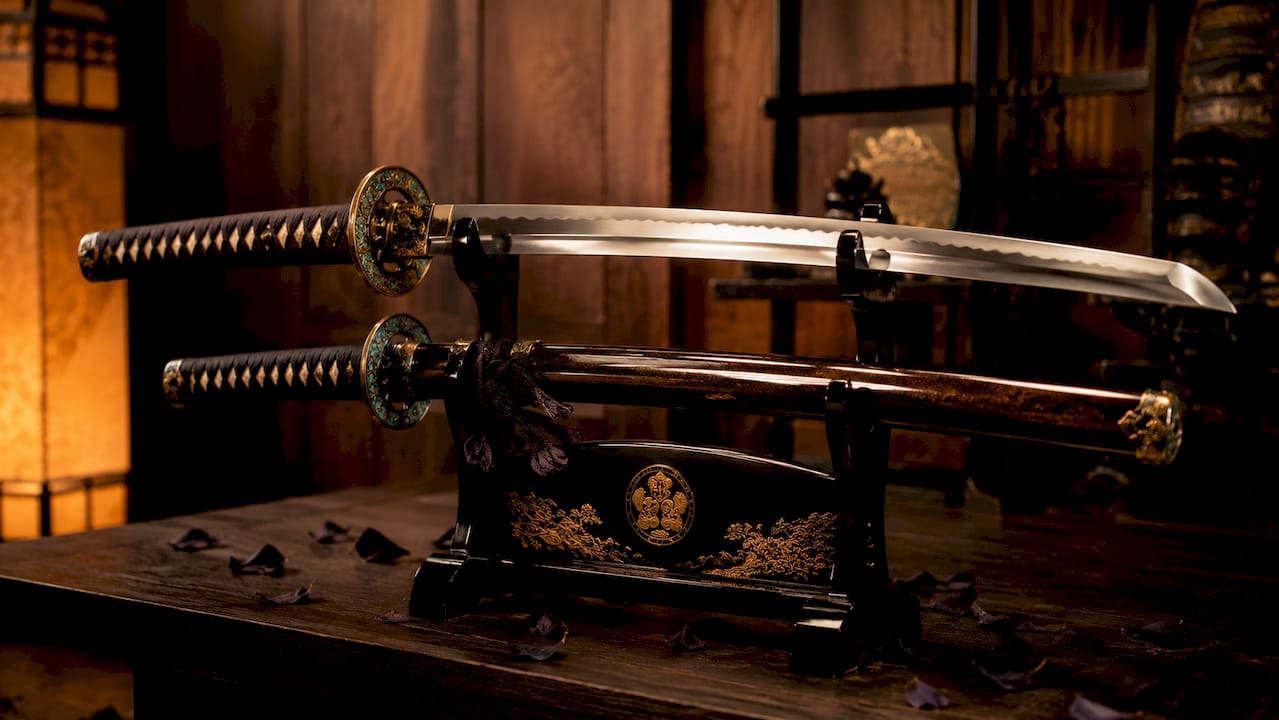 Close-up of samurai katana and wakizashi daisho set