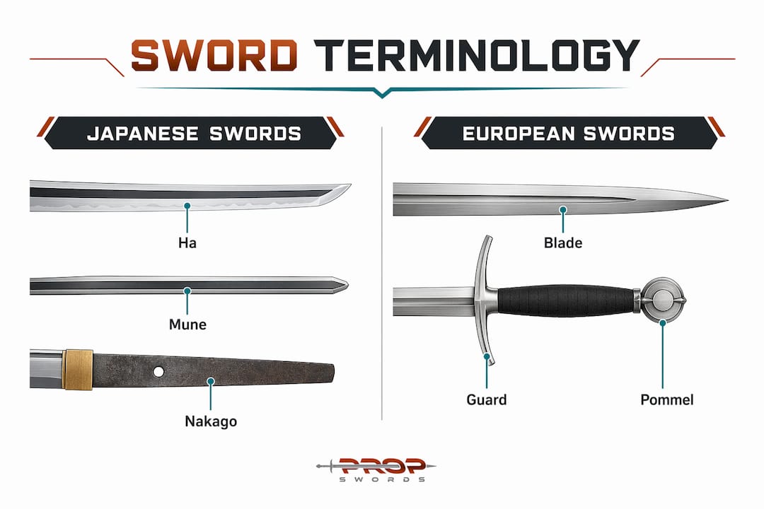 Infographic comparing Japanese and European sword terminology