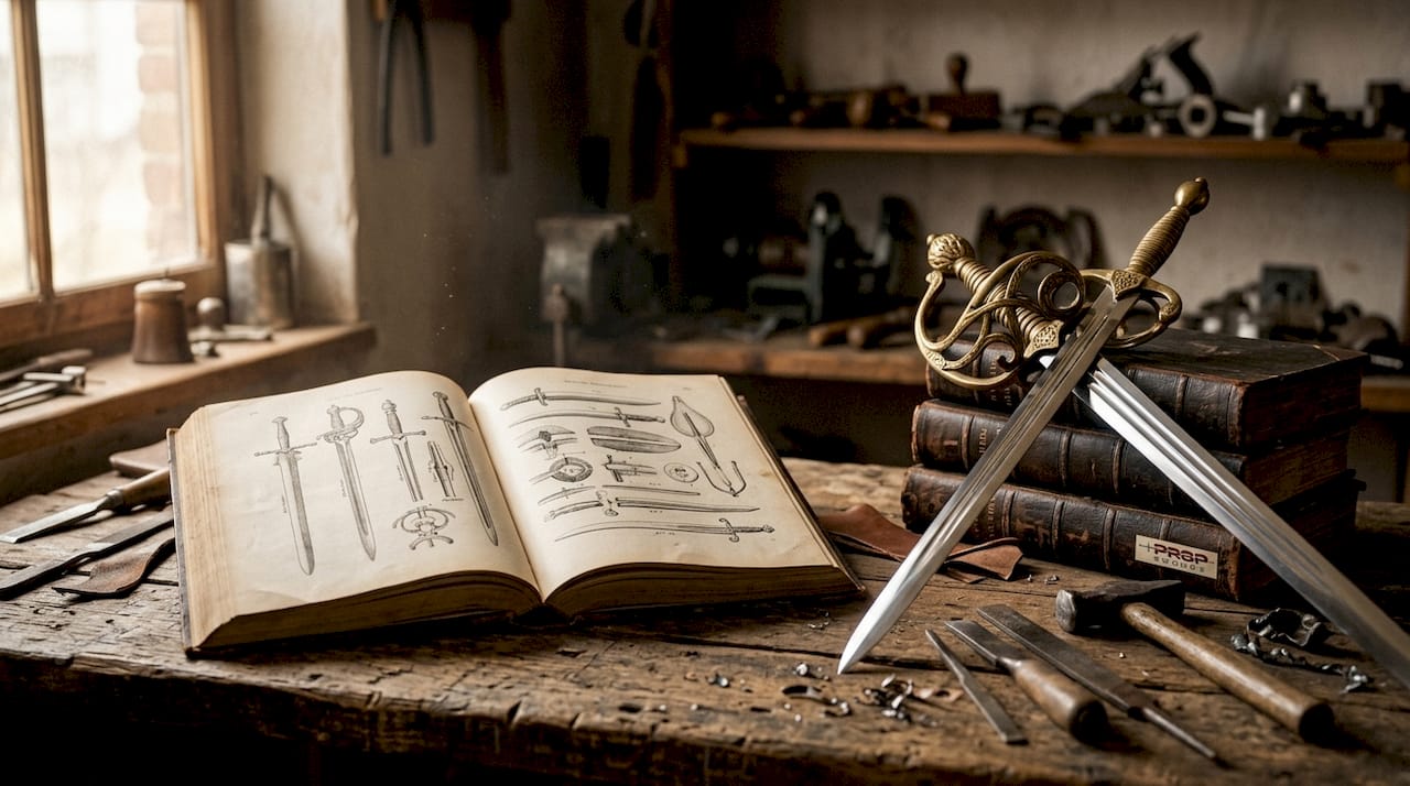 Open sword anatomy book beside classic collector’s sword