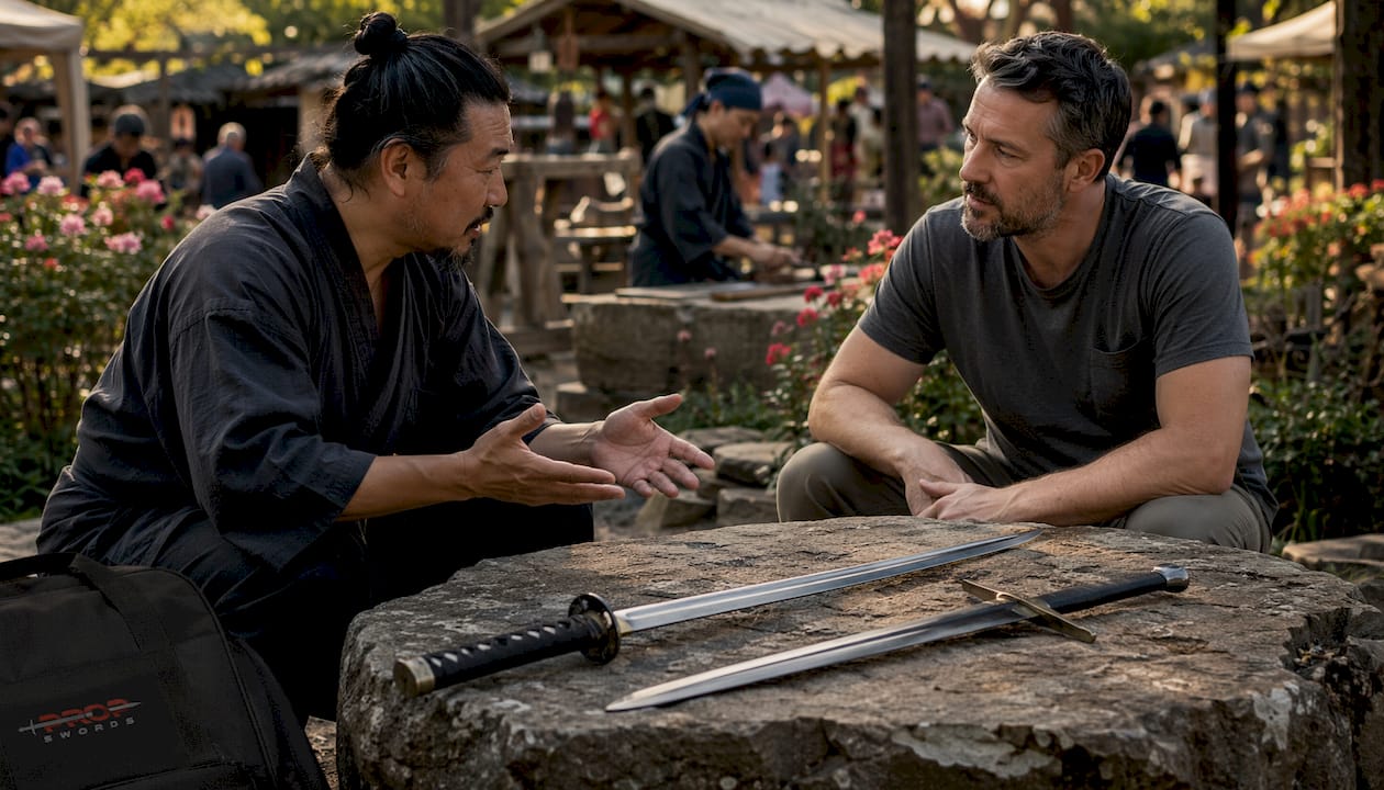 Close-up of katana and broadsword blades held by hands