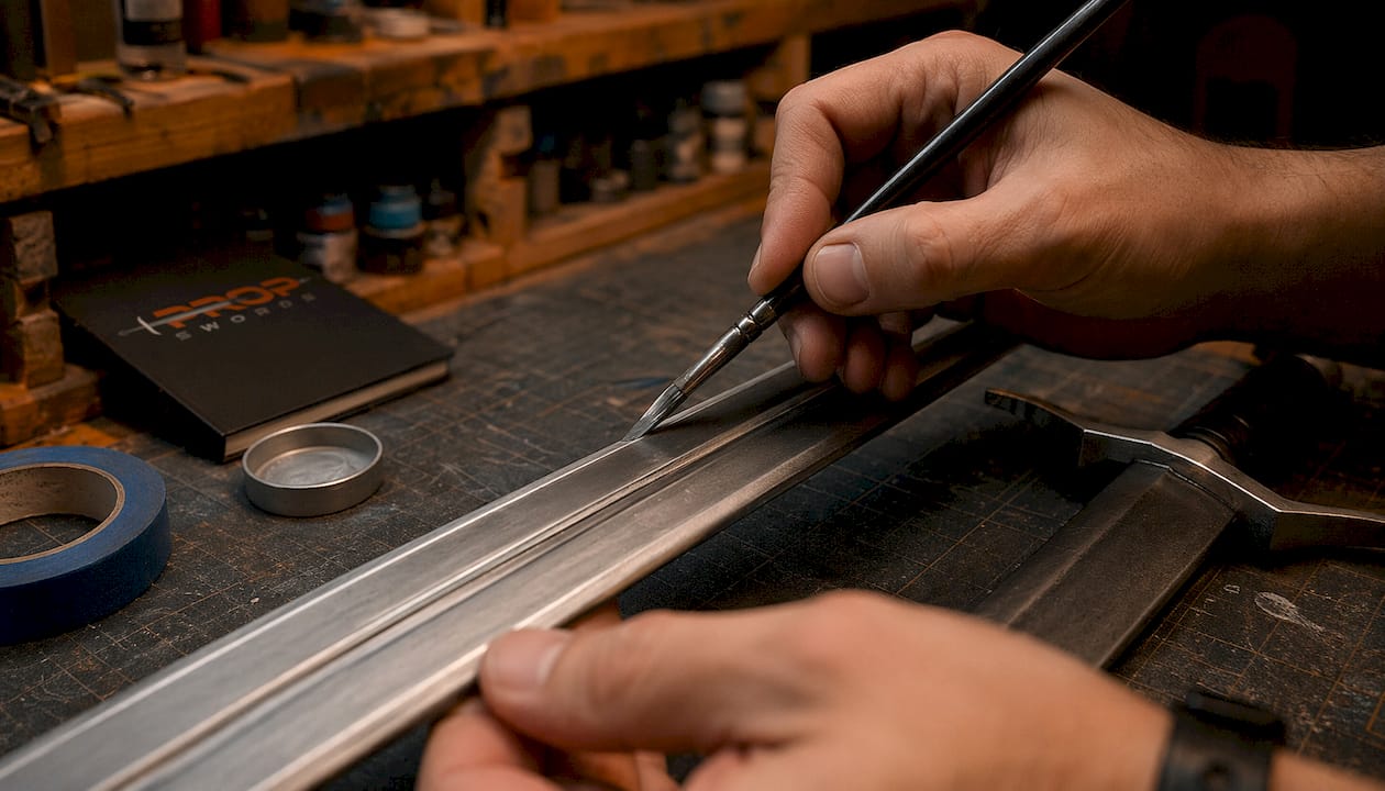 Hands dry brushing metallic paint on prop sword