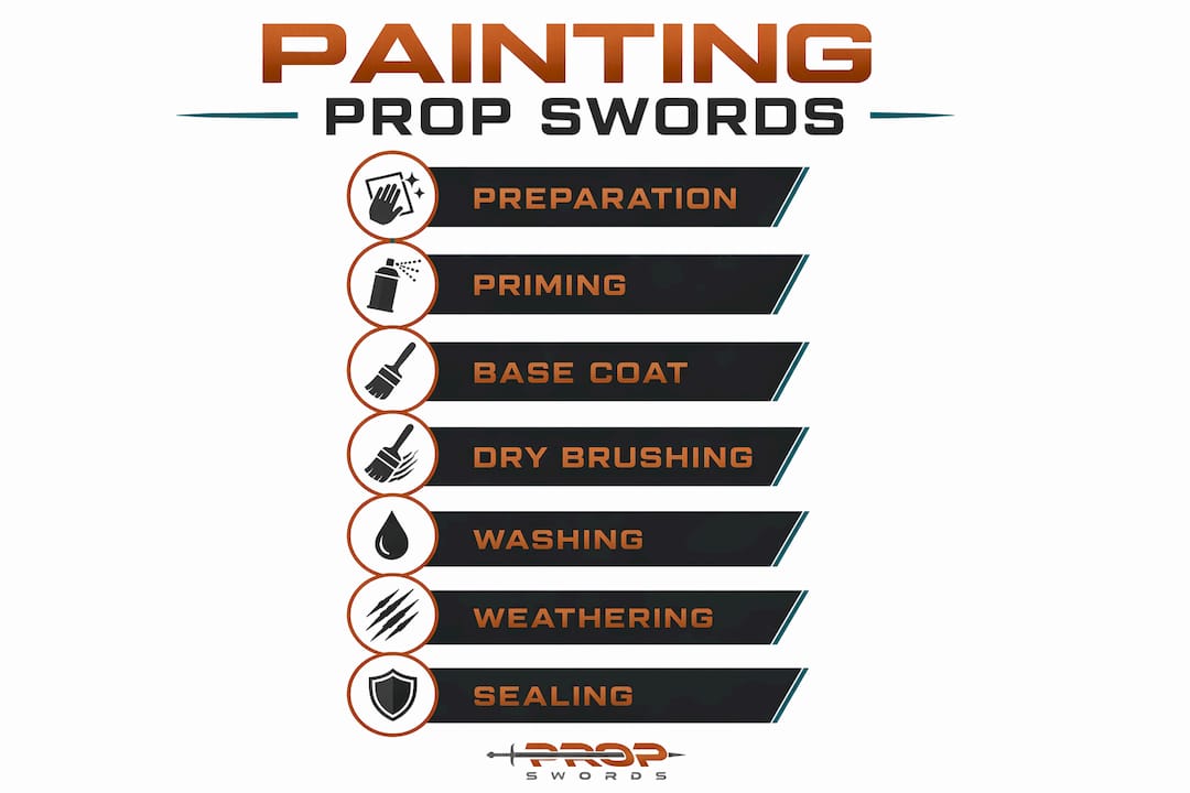 Infographic showing key painting steps for prop swords