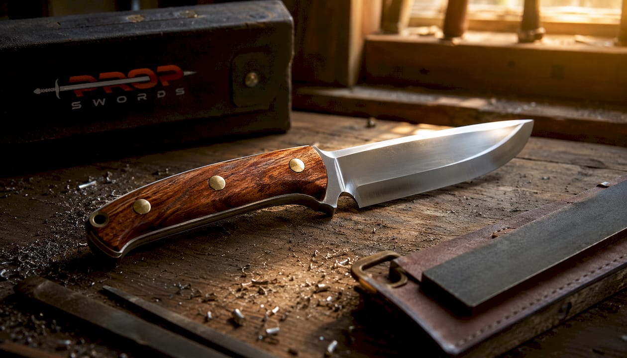 Close-up of full tang knife handle with visible steel edges