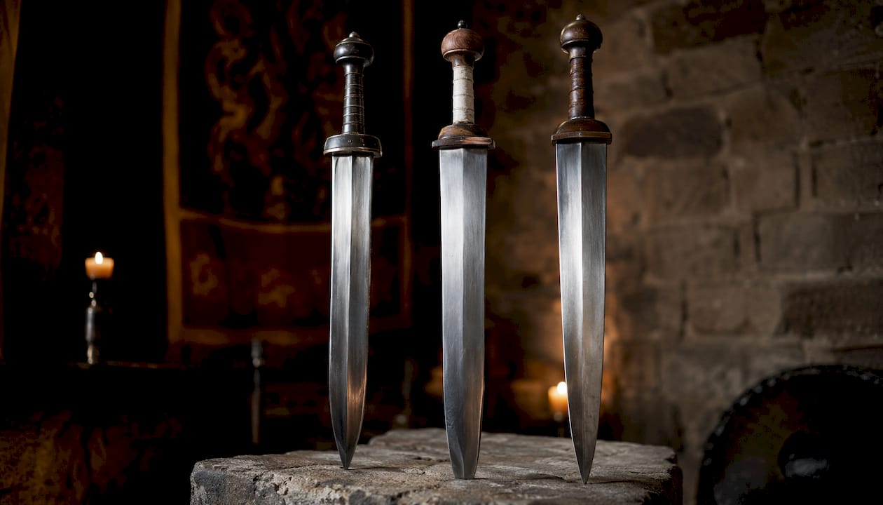 Close-up of Mainz gladius and variants on table