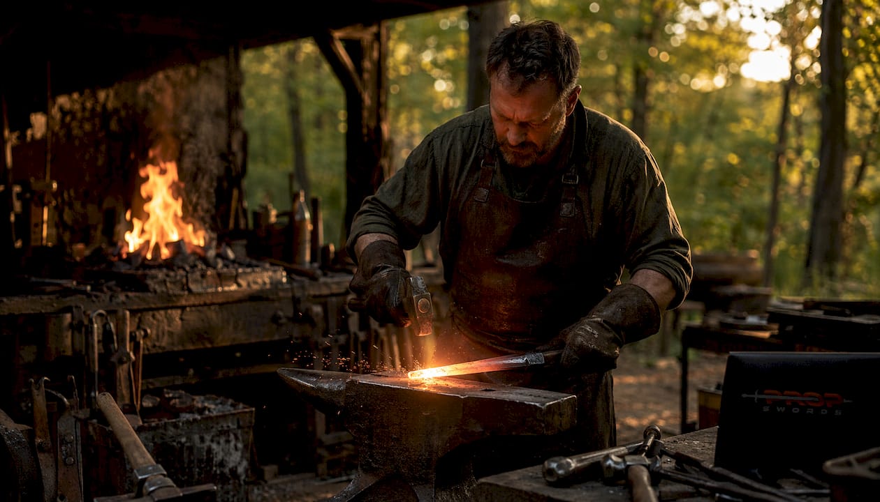 Blacksmith forging Roman gladius blade at anvil