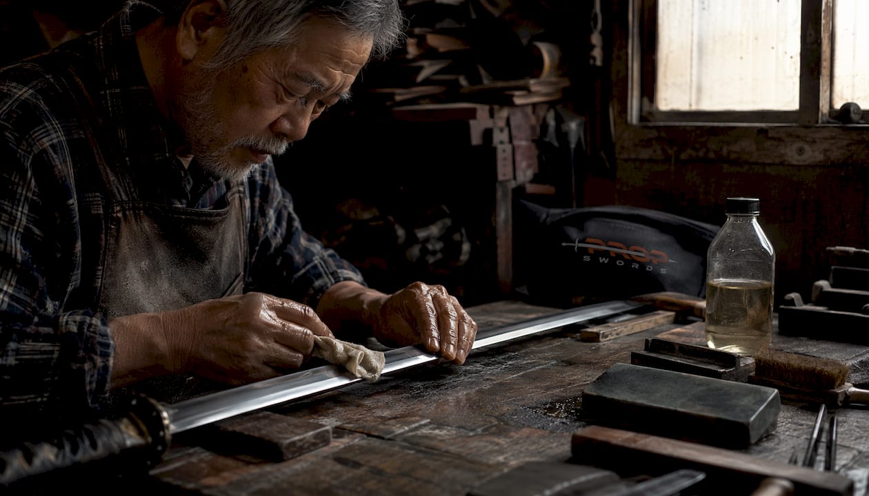 Man oiling katana blade at workbench