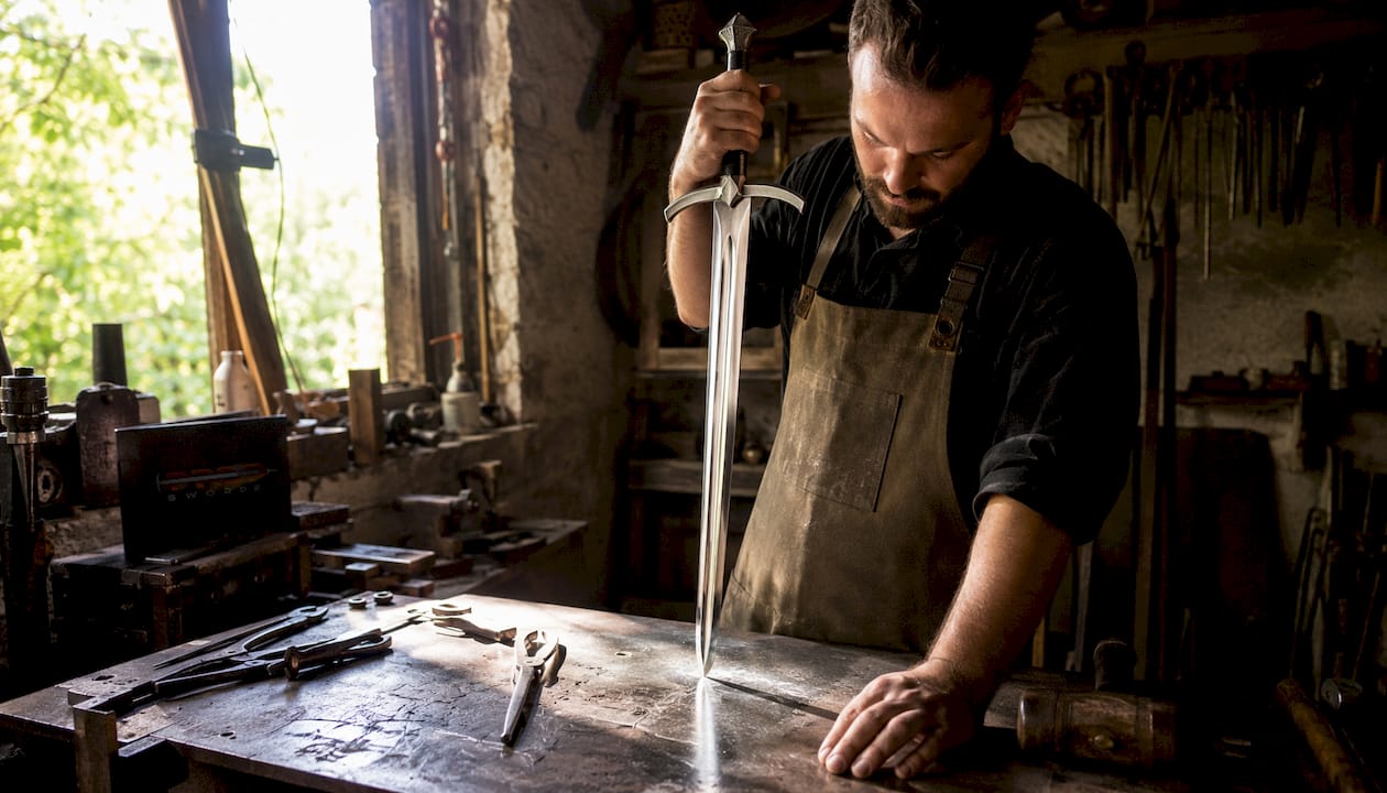 Hands holding stainless steel sword blade in workshop