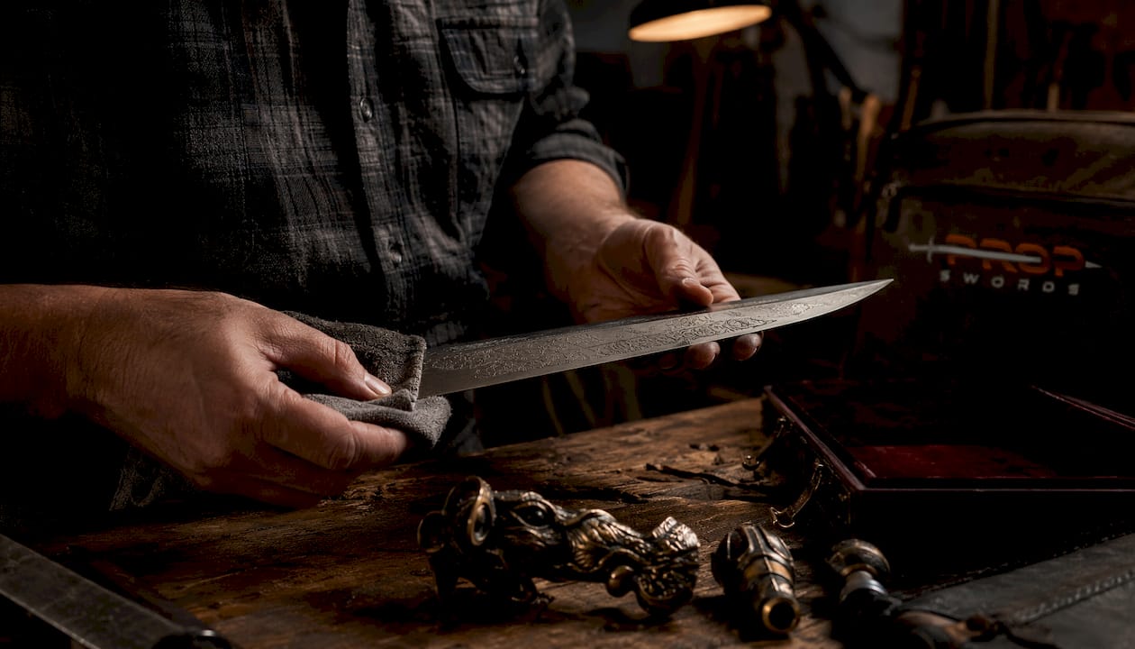 Hands inspecting detailed replica sword blade